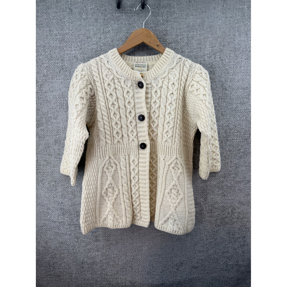 Kilronan Knitwear Womens XS Merino Wool Aran Cable Knit‎ Cardigan Cream Ireland